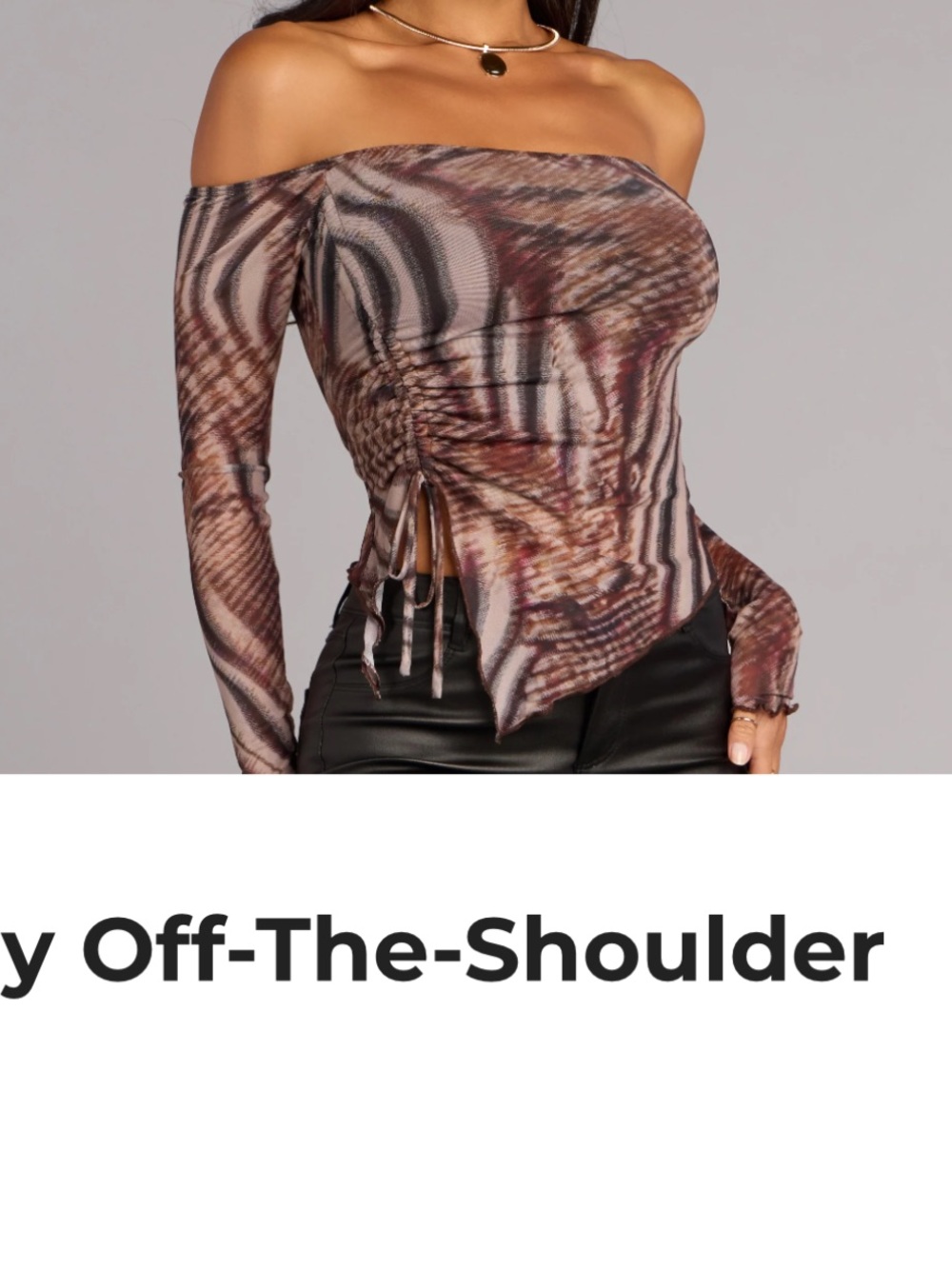 NWT Windsor Off-the-Shoulder Ruched Mesh Crop Top in Brown Multi